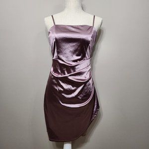 EMERALD SUNDAE Juniors' Purple Satin Ruched Asymmetrical Bodycon Mini Dress SZ M